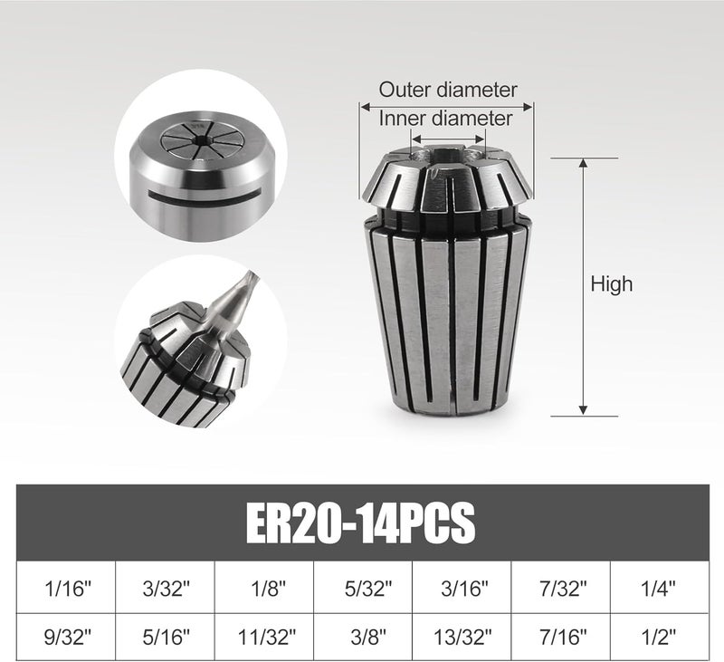 HOZLY 14PCS ER20 Spring Collet Set for CNC Engraving Milling Lathe Chuck Tool Size includes:1/16",3/32",1/8", 5/32",3/16",7/32", 1/4",9/32", 5/16",11/32",3/8",13/32",7/16",1/2"(ER20) - Image 2